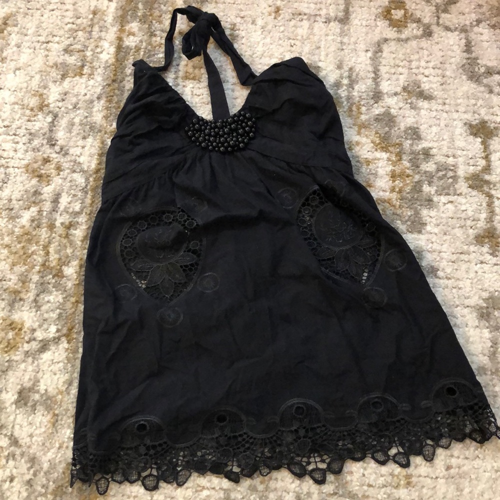 BEAUTIFUL Lovestitch black halter top with embroidery, beautiful hem